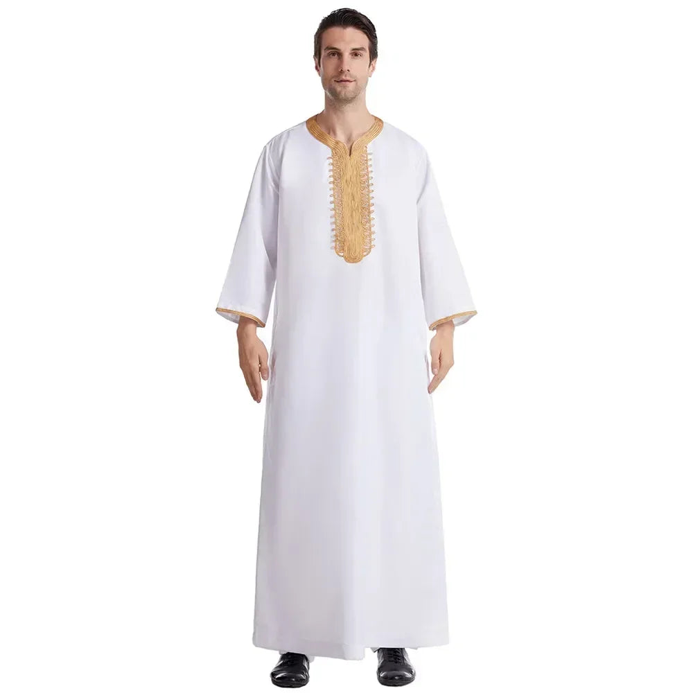 Muslim Men Jubba Thobe Solid Color Breathable Embroidery Long Robes Gown Islamic Arabic Kaftan Abaya Middle East Dubai Pakistani