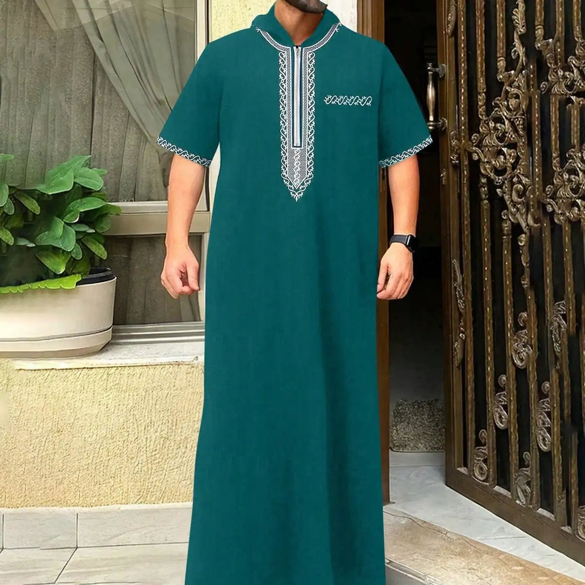 Moroccan Men's Thobe Short-Sleeved Embroidered Hood MuslimIslamicLooseJelleba Abaya - New Edition