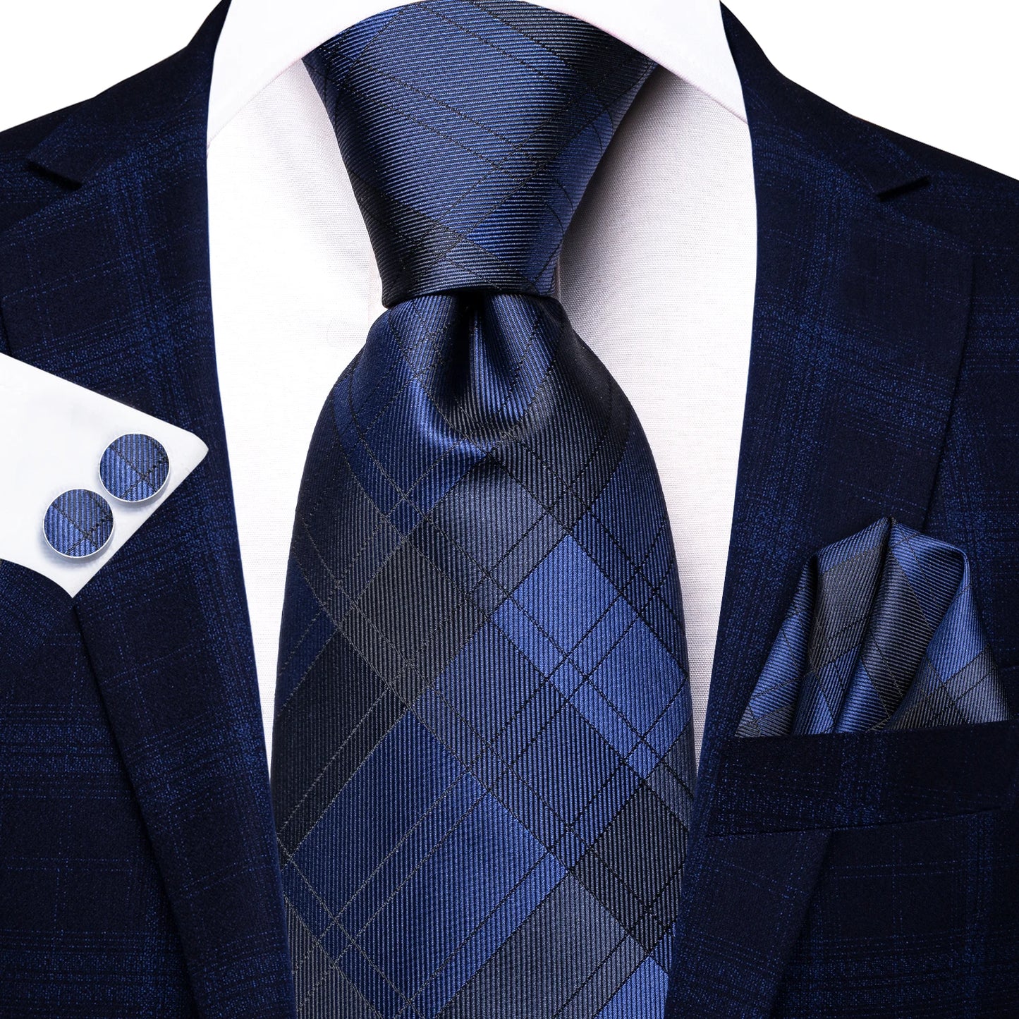 Hi-Tie Fashion 8.5cm Black Plaid Dots Men's Elegant Tie Handkerchief Cufflinks Set Wedding Party Accessories Gift for Men Gravat