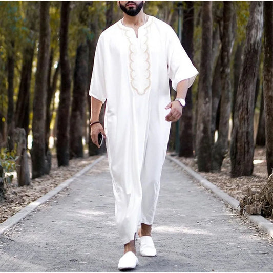 Men's Arabian Thobe - Summer V-Neck Short Sleeve Robe, Loose Fit Muslim Islamic Clothing for Casual Wear
