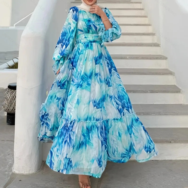 Eid Women Dress Abaya Muslim Boho Tie Dye Print Maxi A-line Ramadan Jalabiya Dubai Long Robe Kaftan Islam Vestidos Largos 2025
