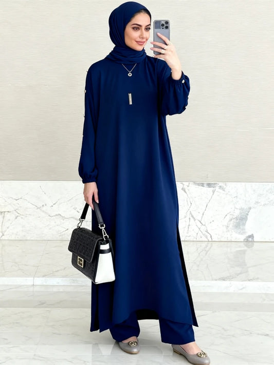 Blouse 2 Piece Set Muslim Set Dress Women Long Sleeve Abaya Shirt Wide Leg Pant Suits Arabic Dubai Dresses Musulman Ensembles