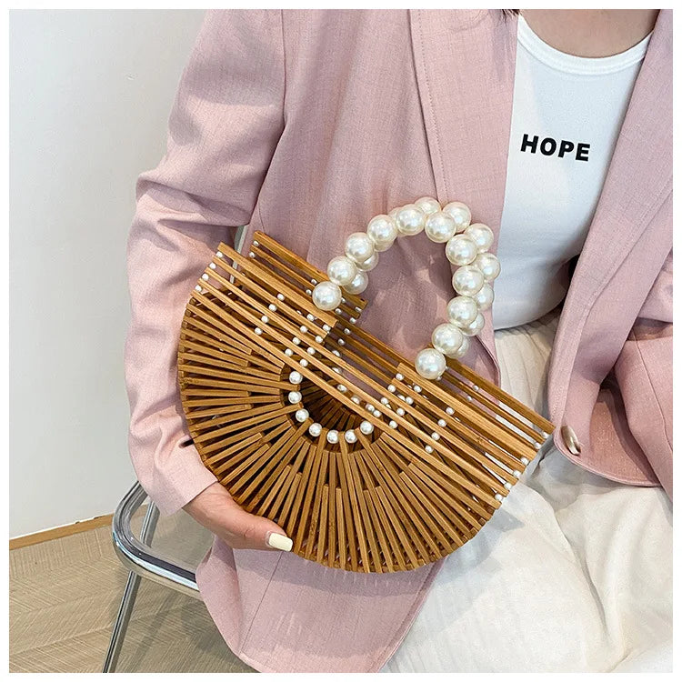 Handmade Fashion Bamboo Handbag Pearl Handle Design Elegant Women Hollow Out Beach Bag Vacation Women Straw Bag Female Bags