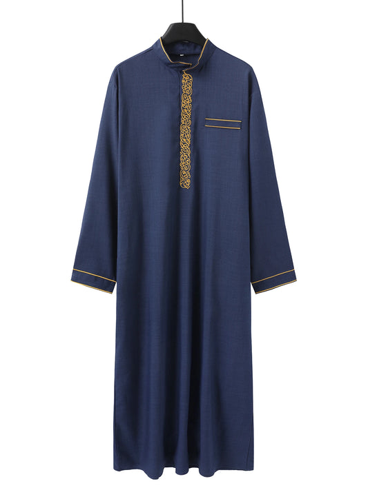 Muslim men's thobe with long sleeves embroidered stand collar Islamic men's loose robe Arab men's traditional clothing