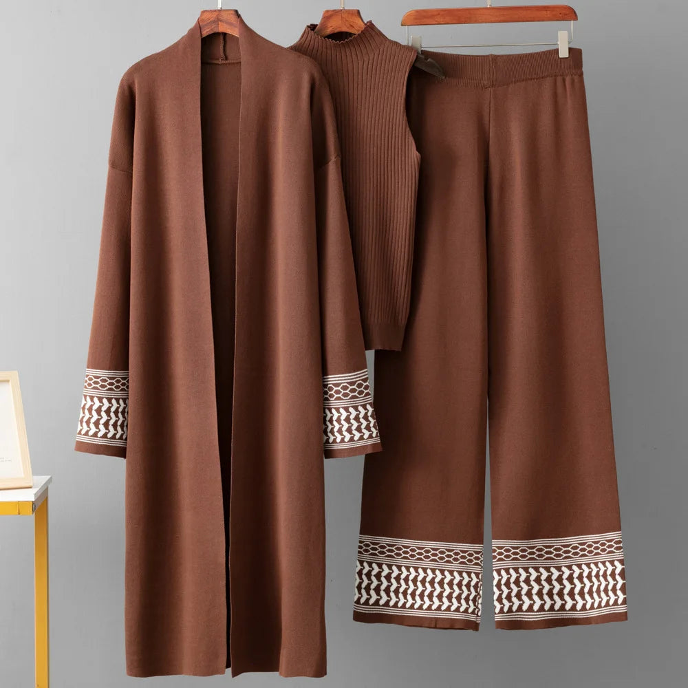 Eid Suit Women Cardigan Sweater Vest Wide Leg Pants Muslim 3 Piece Set Knitting Coat Trousers Morocco Dubai Knitwear Outfits