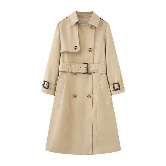Elegant Trench Coat for Women - Belted, Long Sleeve, Solid Color, Available in Dark Red and Deep Khaki