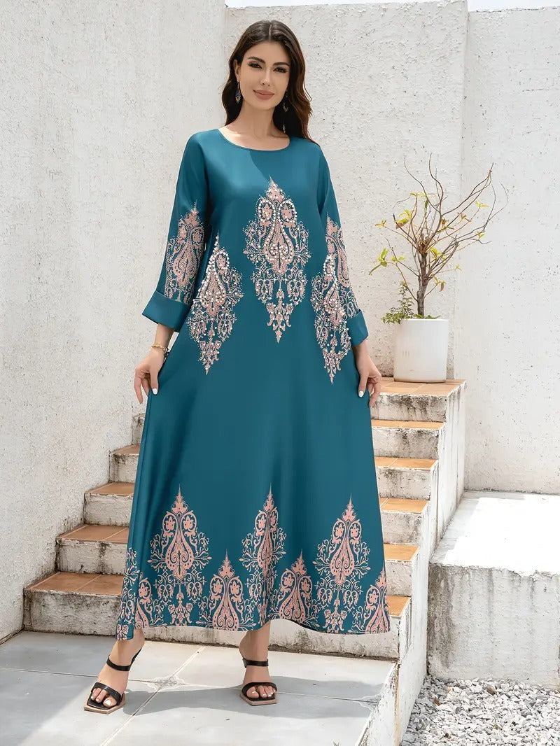 Ladies Middle East Abaya Dress, Flower Printed Long Robe, Islamic Clothing, Modest Dress