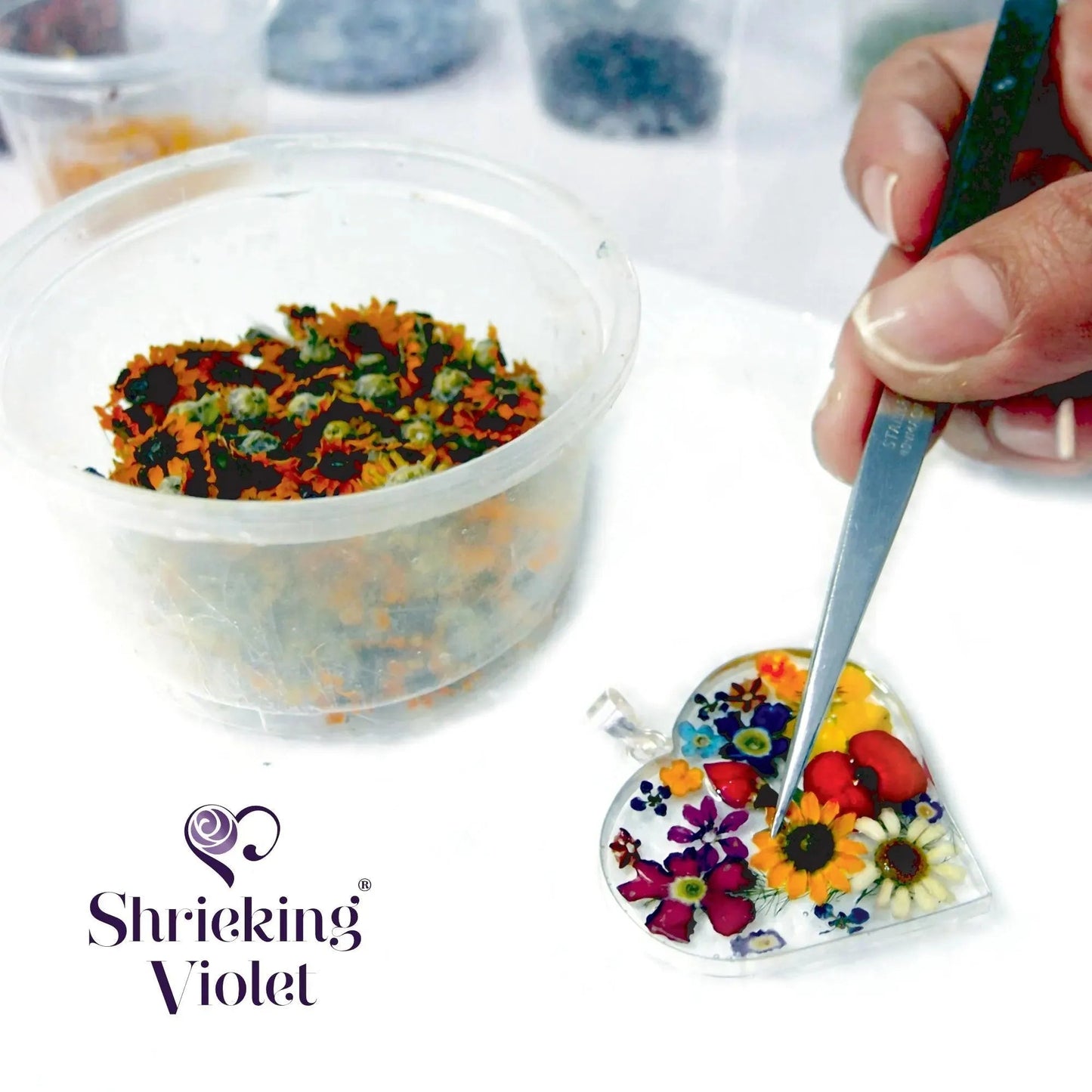 Sterling Silver Heart Pendant with Real Flowers | Tiny Purple Verbena & Forget-me-nots