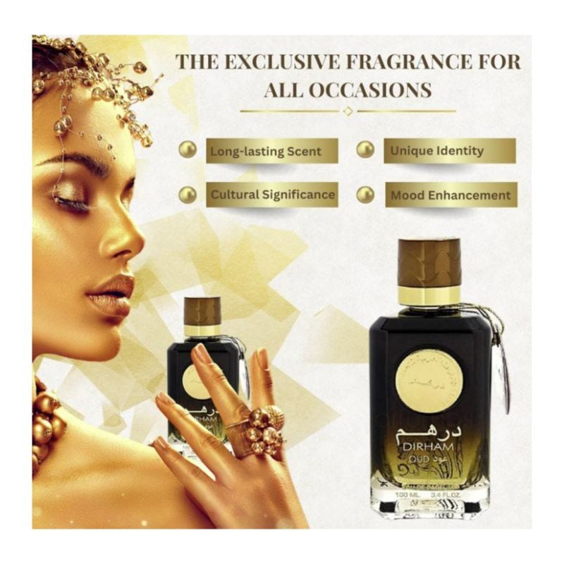Arabic Dubai Perfume 100 ml Unisex Eau de Parfum Dirham Oud Made in Dubai UAE Long-Lasting Fragrance for Men & Women Dubai Perfume