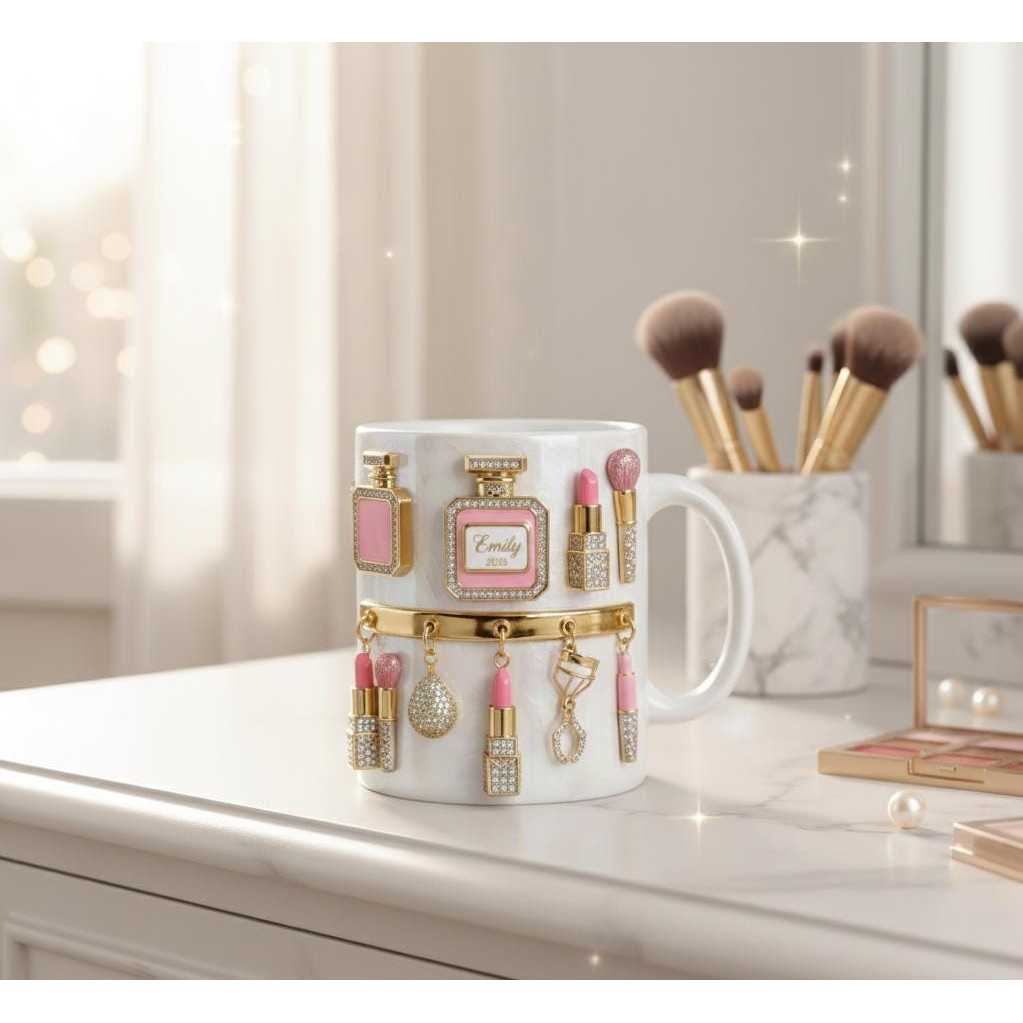 Personalized Makeup Lover Mug, Custom Name Beauty Coffee Cup, Cute Makeup Design Gift For Her, Glam Feminine Mug Gift for Her, Beauty Lover