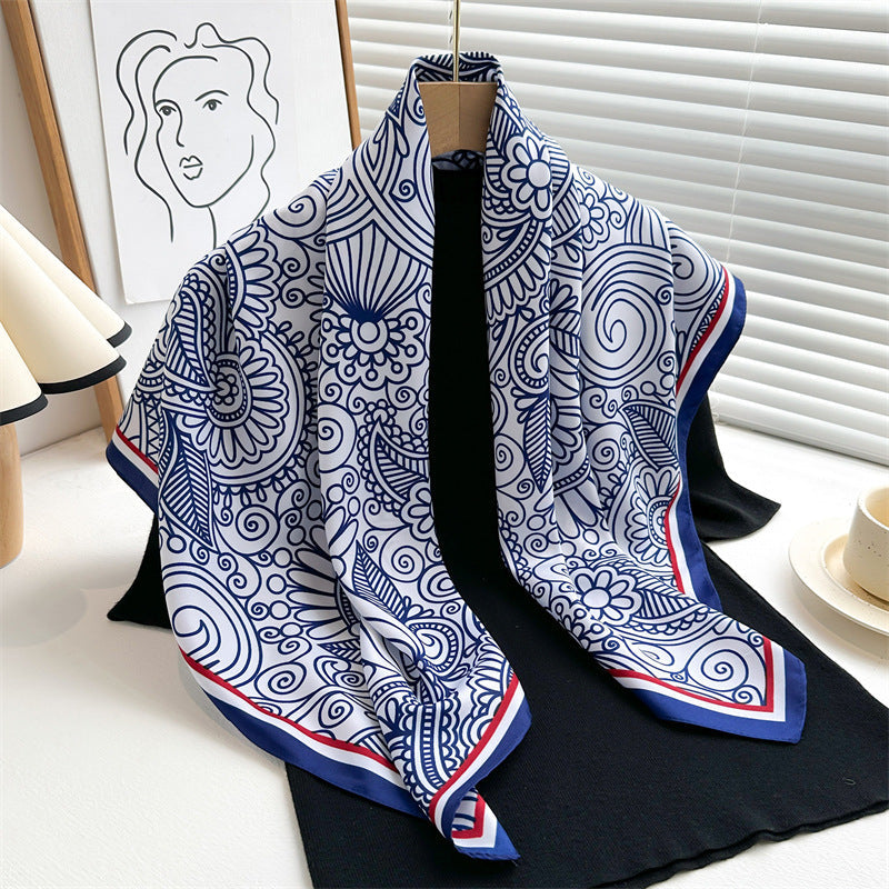 Women's Premium Twill Silk Scarf, Large Printed 90/90cm Striped Square Scarf