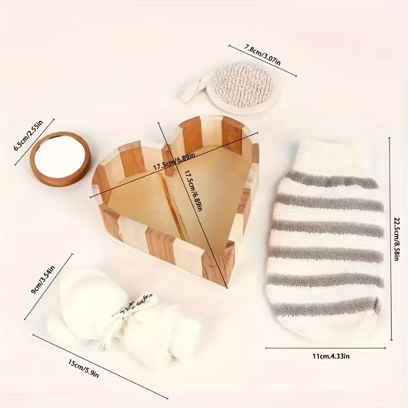 Boxed Heart-Shaped Bath Set - A wooden spa gift kit for bathrooms, featuring a heart-shaped wooden bucket. Includes a loofah, pumice stone, massager, and brush. This natural relaxation and body care kit is ideal for home use