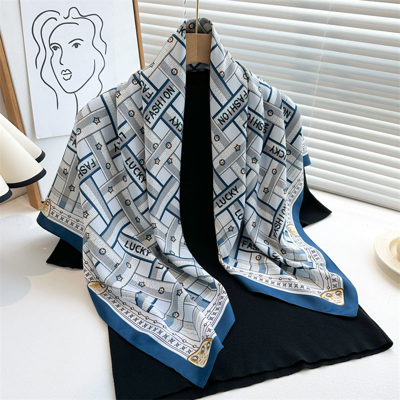 Women's Premium Twill Silk Scarf, Large Printed 90/90cm Striped Square Scarf