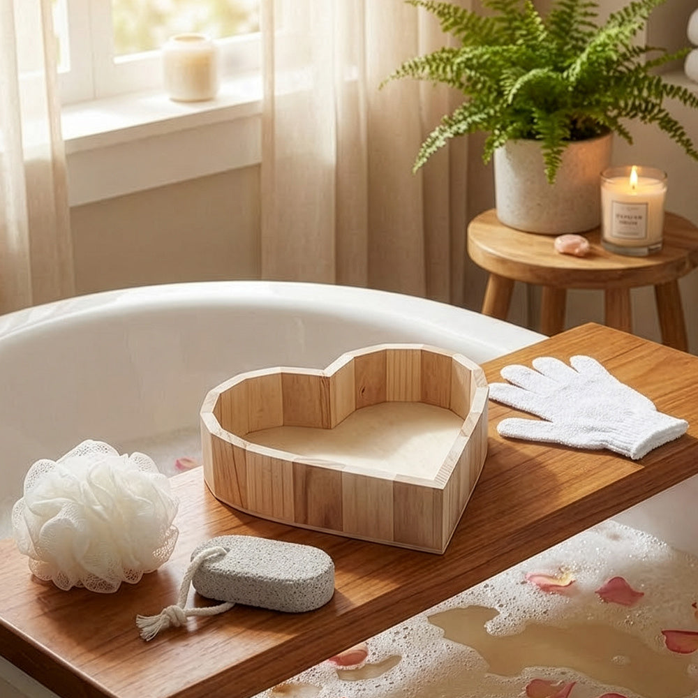 Boxed Heart-Shaped Bath Set - A wooden spa gift kit for bathrooms, featuring a heart-shaped wooden bucket. Includes a loofah, pumice stone, massager, and brush. This natural relaxation and body care kit is ideal for home use