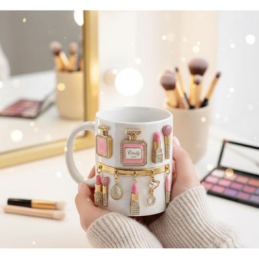 Personalized Makeup Lover Mug, Custom Name Beauty Coffee Cup, Cute Makeup Design Gift For Her, Glam Feminine Mug Gift for Her, Beauty Lover