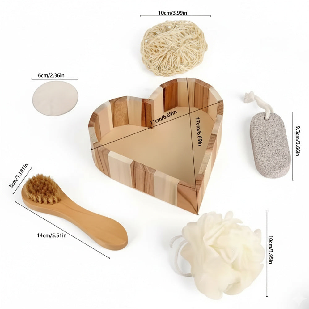 Boxed Heart-Shaped Bath Set - A wooden spa gift kit for bathrooms, featuring a heart-shaped wooden bucket. Includes a loofah, pumice stone, massager, and brush. This natural relaxation and body care kit is ideal for home use