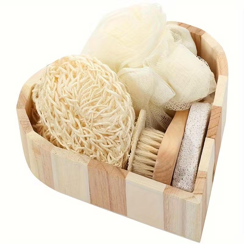 Boxed Heart-Shaped Bath Set - A wooden spa gift kit for bathrooms, featuring a heart-shaped wooden bucket. Includes a loofah, pumice stone, massager, and brush. This natural relaxation and body care kit is ideal for home use