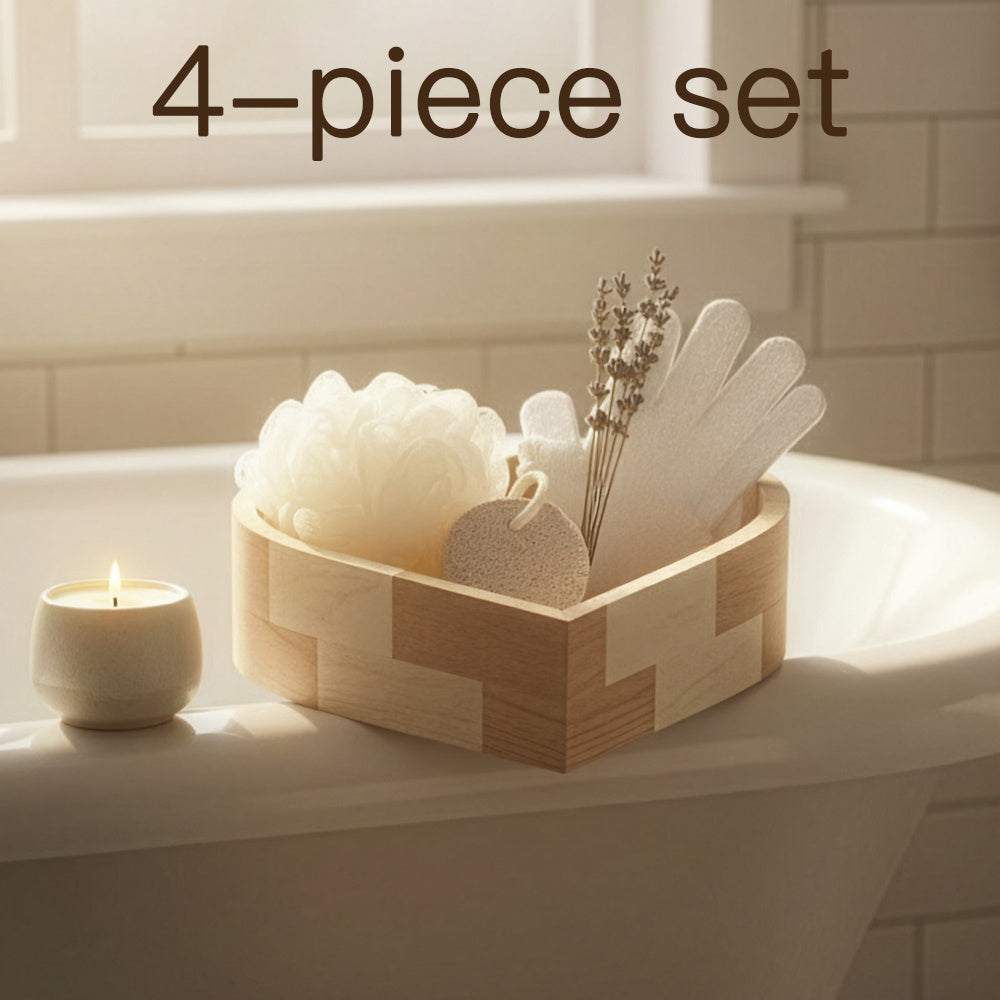 Boxed Heart-Shaped Bath Set - A wooden spa gift kit for bathrooms, featuring a heart-shaped wooden bucket. Includes a loofah, pumice stone, massager, and brush. This natural relaxation and body care kit is ideal for home use