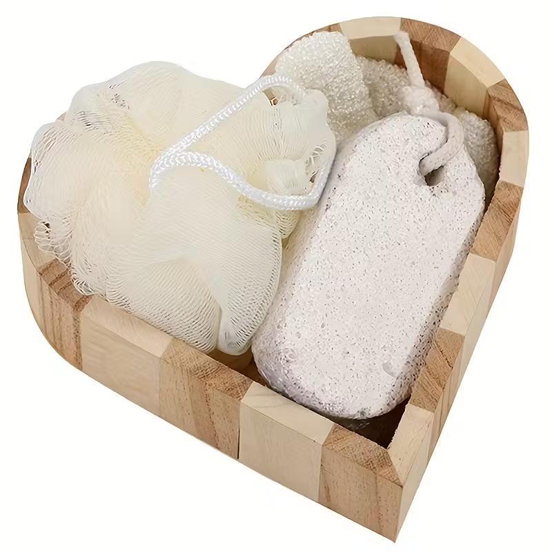 Boxed Heart-Shaped Bath Set - A wooden spa gift kit for bathrooms, featuring a heart-shaped wooden bucket. Includes a loofah, pumice stone, massager, and brush. This natural relaxation and body care kit is ideal for home use
