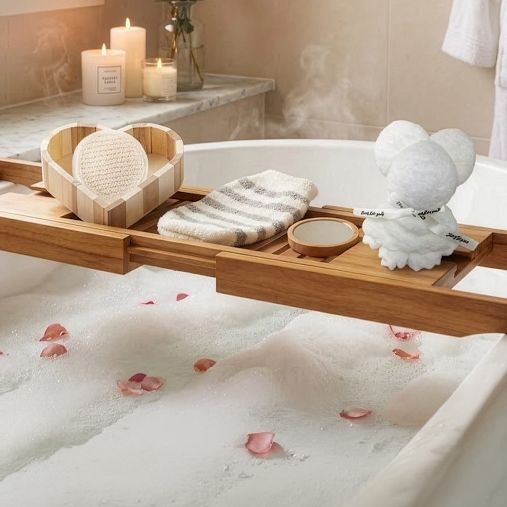 Boxed Heart-Shaped Bath Set - A wooden spa gift kit for bathrooms, featuring a heart-shaped wooden bucket. Includes a loofah, pumice stone, massager, and brush. This natural relaxation and body care kit is ideal for home use