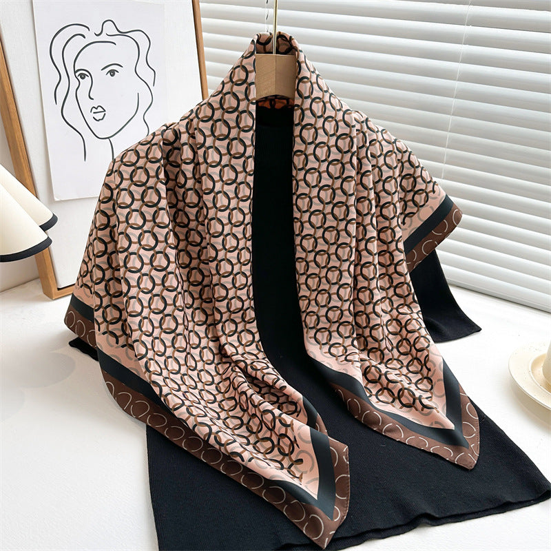 Women's Premium Twill Silk Scarf, Large Printed 90/90cm Striped Square Scarf
