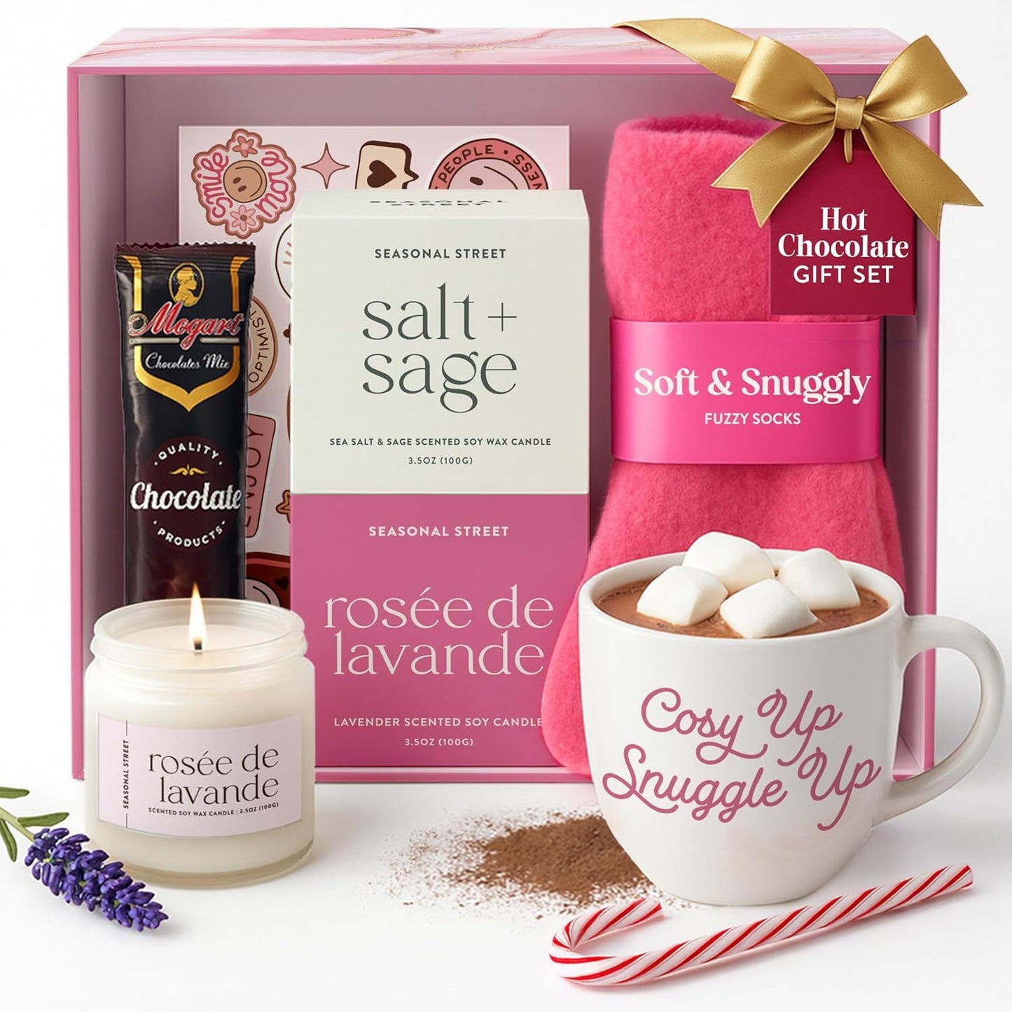 Valentines Day Gift for Her - Birthday Pamper Gifts for Women with Scented Candle, Pink Socks, Hot Chocolate Sachet, Best Wishes Card, Self Care Box, Gifts for Mum, Hot Chocolate Gift Set