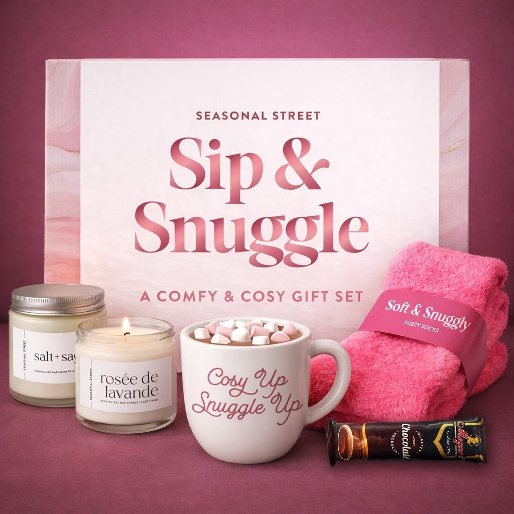 Valentines Day Gift for Her - Birthday Pamper Gifts for Women with Scented Candle, Pink Socks, Hot Chocolate Sachet, Best Wishes Card, Self Care Box, Gifts for Mum, Hot Chocolate Gift Set