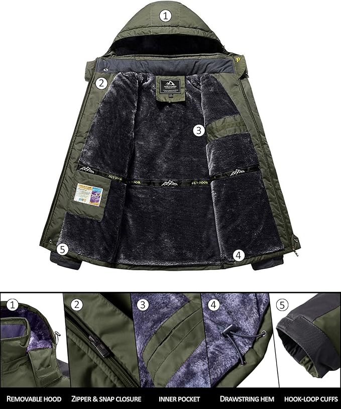 Mens Winter Ski Jacket Water Repellent Warm Lined Outdoor Coat, Size L
