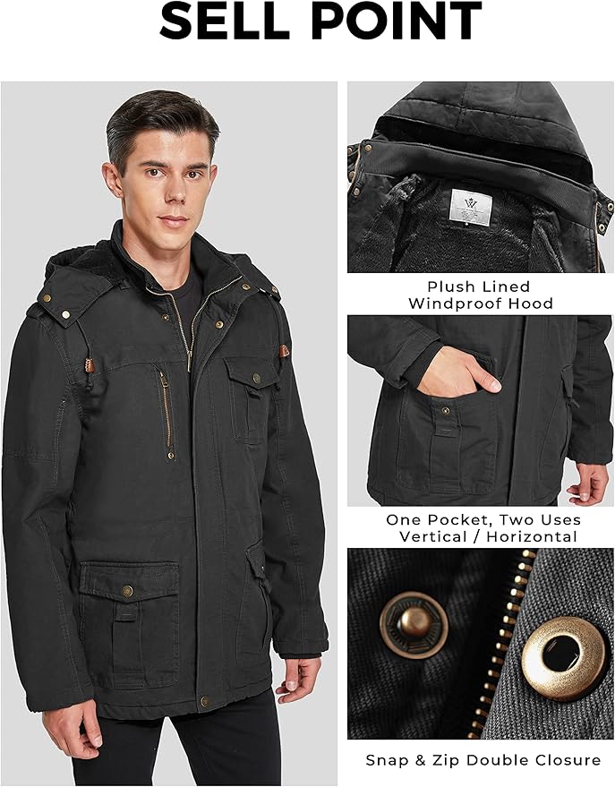 Mens Winter Parka Jacket Thick Fleece Lining Hooded Coat WenVen, Size M