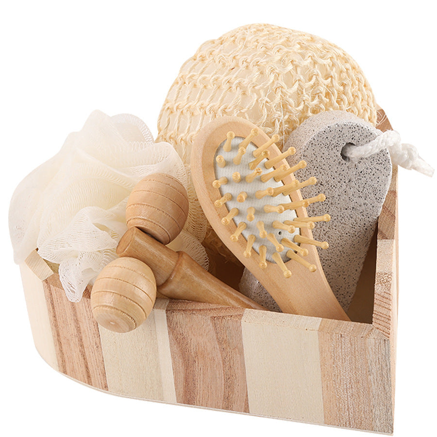 Boxed Heart-Shaped Bath Set - A wooden spa gift kit for bathrooms, featuring a heart-shaped wooden bucket. Includes a loofah, pumice stone, massager, and brush. This natural relaxation and body care kit is ideal for home use