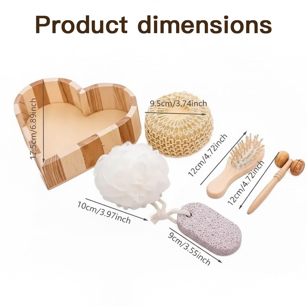 Boxed Heart-Shaped Bath Set - A wooden spa gift kit for bathrooms, featuring a heart-shaped wooden bucket. Includes a loofah, pumice stone, massager, and brush. This natural relaxation and body care kit is ideal for home use