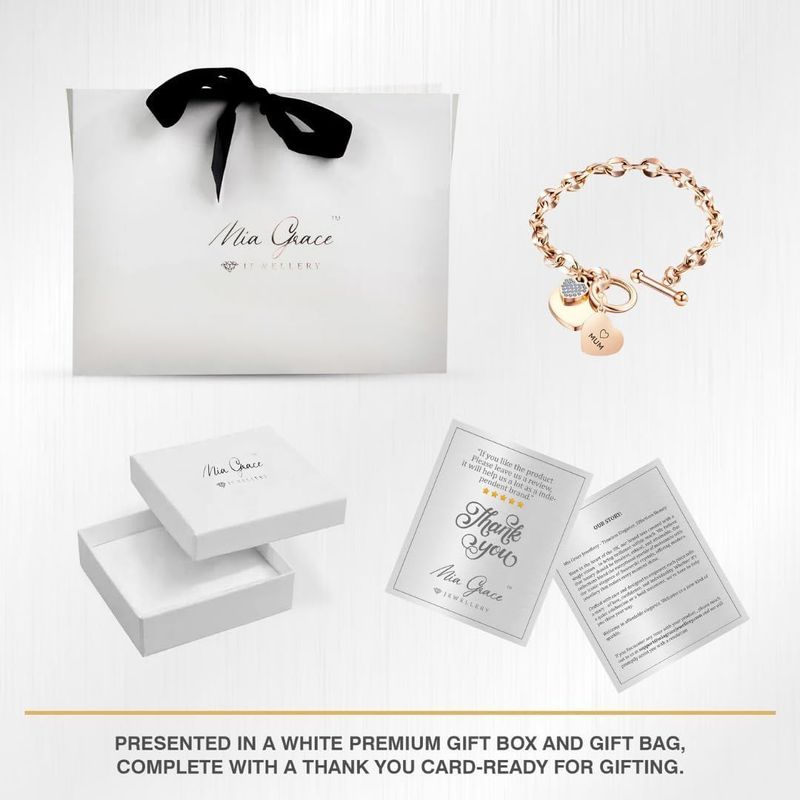 MGJ™ Austrian Crystal Mum Heart Charm Toggle Bracelet for Women - Hypoallergenic Silvery/Rose Golden Jewellery Gift Festive Christmas Gift for Women Ladies, Wife, Her – Includes White Gift Box & Bag