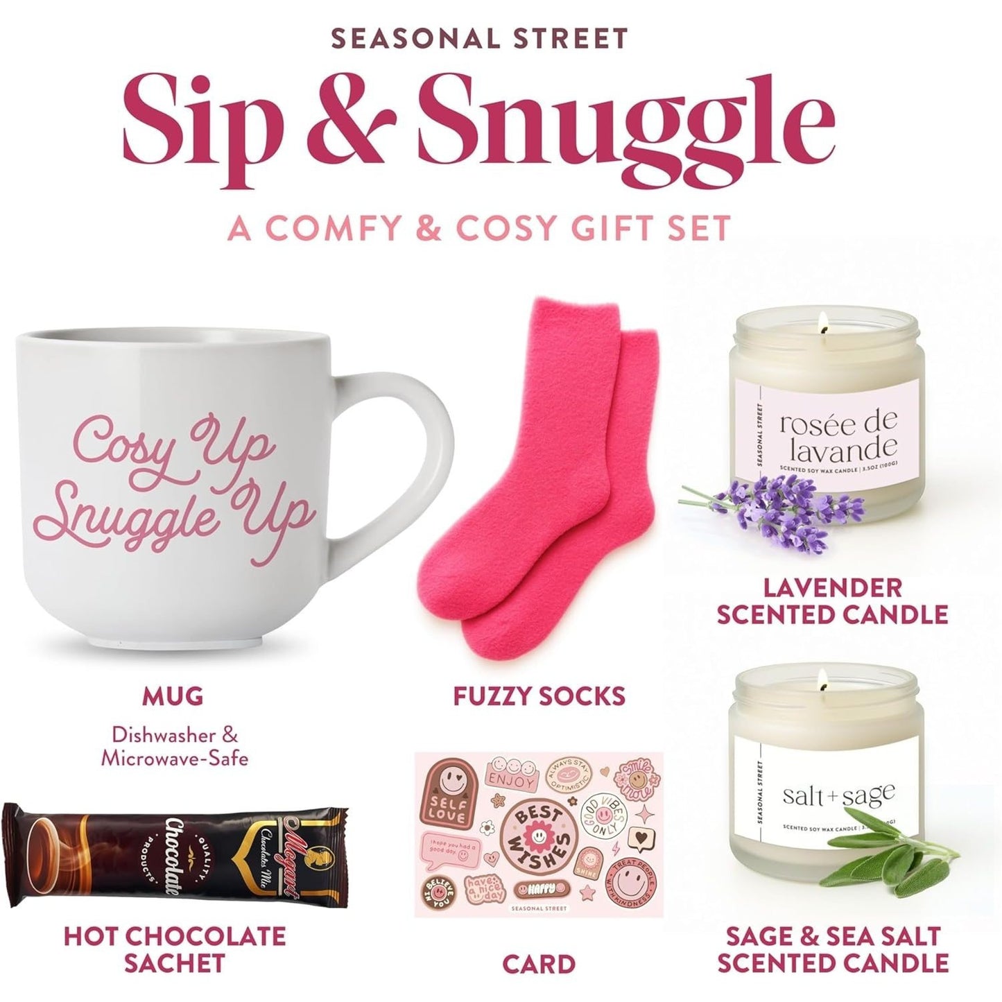 Valentines Day Gift for Her - Birthday Pamper Gifts for Women with Scented Candle, Pink Socks, Hot Chocolate Sachet, Best Wishes Card, Self Care Box, Gifts for Mum, Hot Chocolate Gift Set