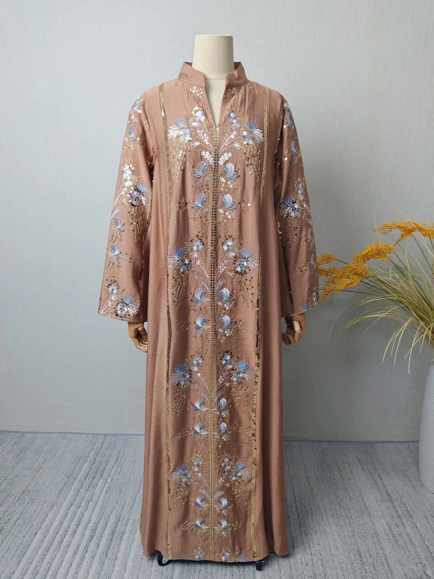 2025 Teal Muslim Abaya with Stand Collar and Exquisite Floral Embroidery Ideal for Islamic Festivities and Ramadan Celebrations