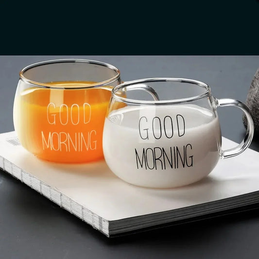 350ml Glass Coffee Tea Cup 1pc Letter Printed Mug Drinks Dessert Breakfast Milk Cup Glass Mugs Handle Drinkware
