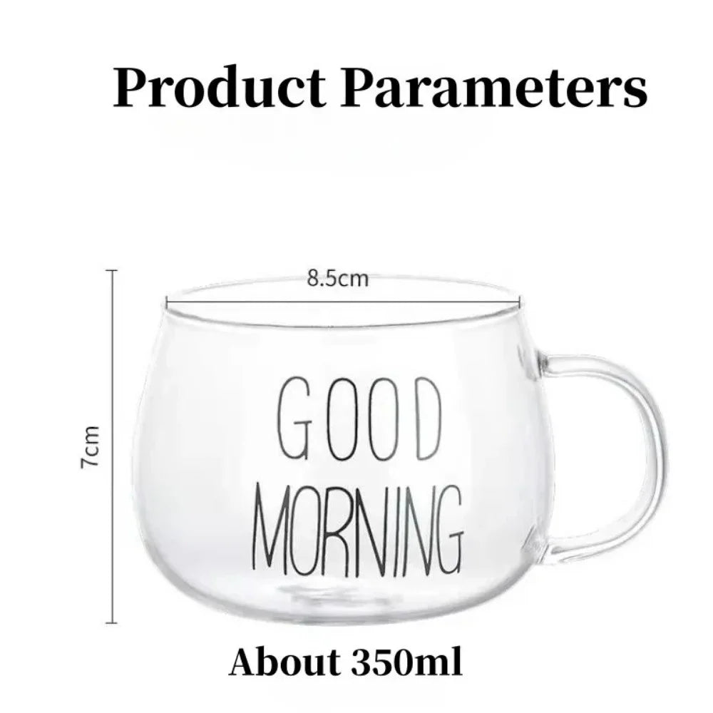 350ml Glass Coffee Tea Cup 1pc Letter Printed Mug Drinks Dessert Breakfast Milk Cup Glass Mugs Handle Drinkware