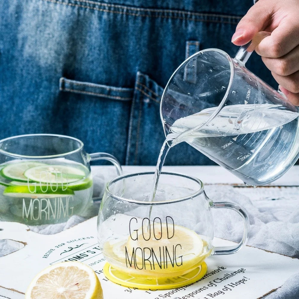 350ml Glass Coffee Tea Cup 1pc Letter Printed Mug Drinks Dessert Breakfast Milk Cup Glass Mugs Handle Drinkware