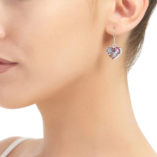 Silver Drop Heart Earrings with tiny purple Flowers by Shrieking Violet