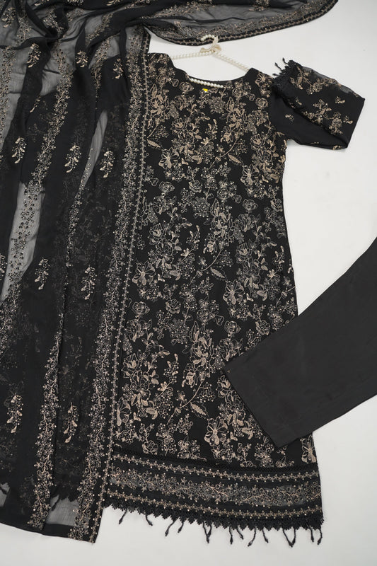 Husan e Jahan - Luxury Chiffon Outfit with Chiffon Dupatta - Ready to Wear - HEJBlackV3D5