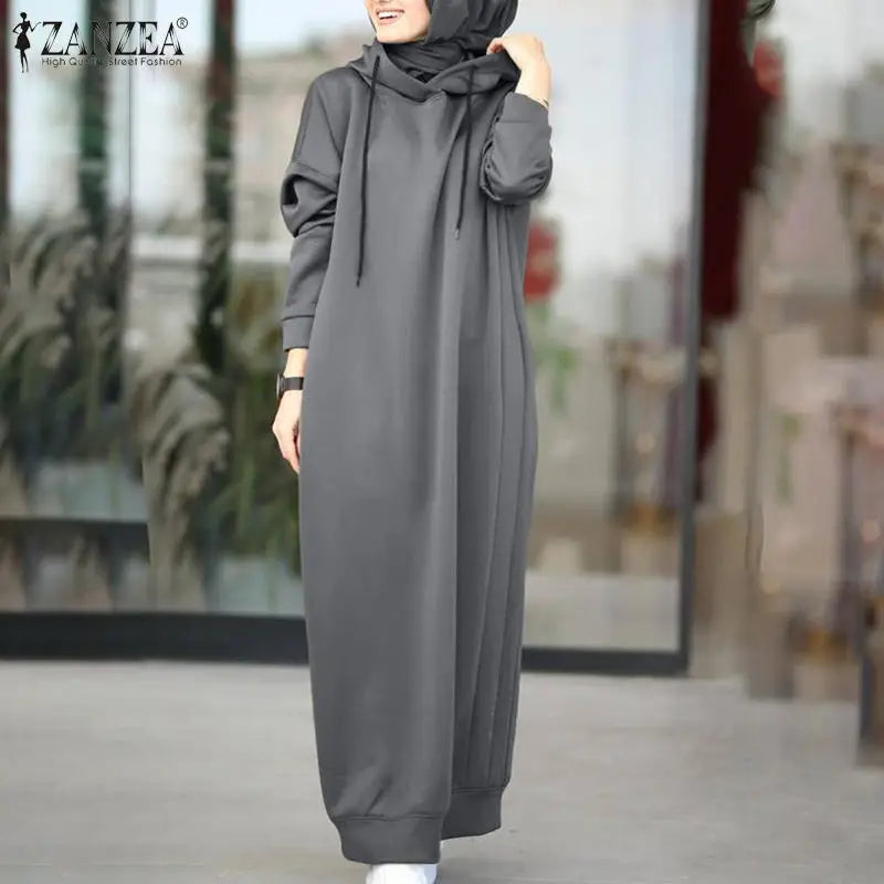 Women Winter Pullovers ZANZEA 2025 Stylish Hooded Hoodies Dress Casual Long Sleeve Maxi Vestidos Female Drawstring Robe Femme