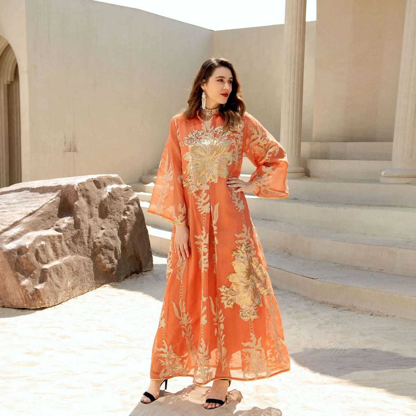 Women's New White Abaya Dress Sequins Embroidery Moroccan Kaftan Turkish Arabic Jalabiya Ethnically Islamic Robe Natural