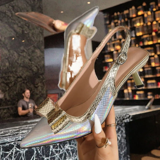 Ladies' Fashion Trend Slip-On PU Bow Paired Colorful Snake Pattern Sexy Summer Outdoor Pointed Toe Ultra High Heels