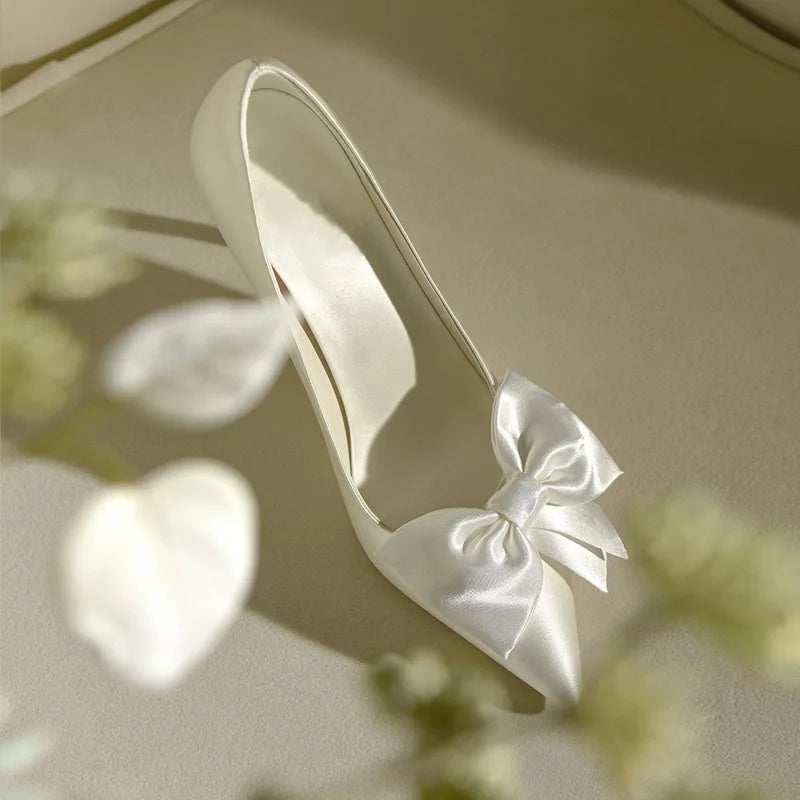 2024 Spring Summer Winter White Bowknot High Heels Women's Bridal Shoes Pointed Stiletto Heel Pumps Anti-Odor Height Increasing