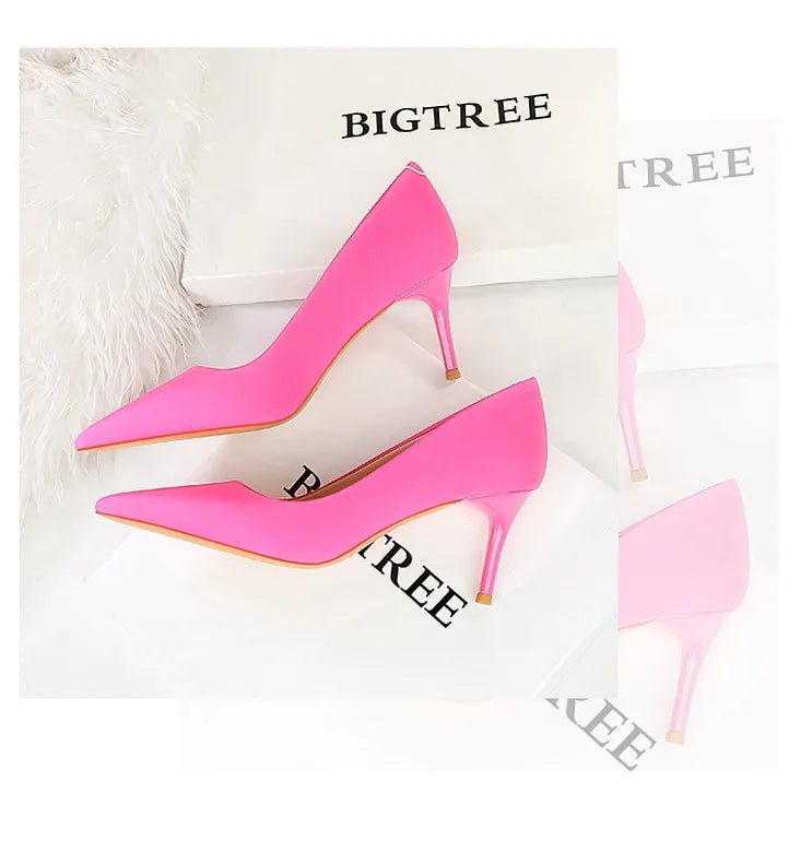 Bigtree 3265-1 Satin Slip-On Shoes with Thin Heels Comfortable Evergreen Upper Material