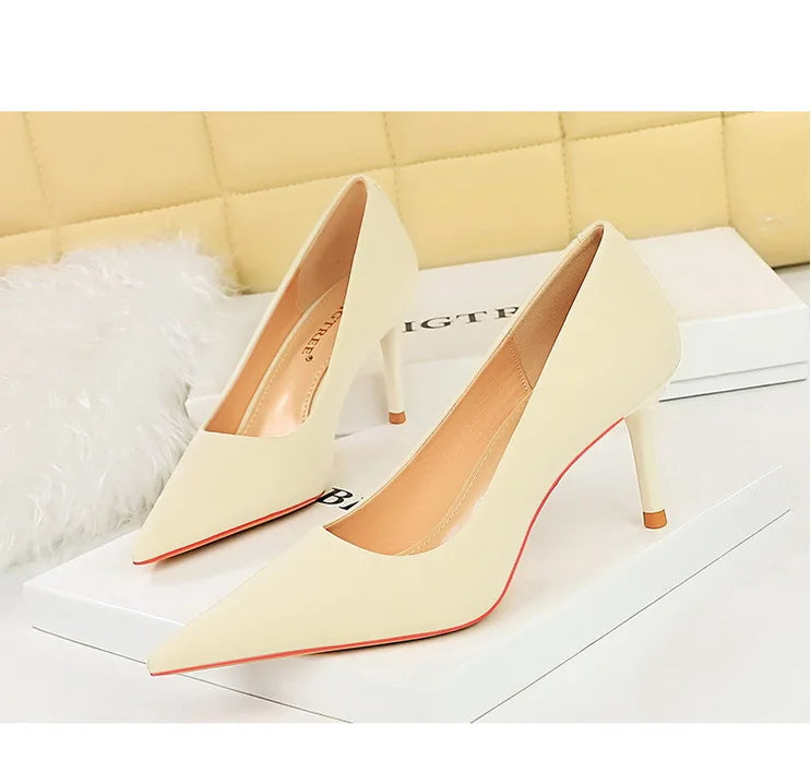 Bigtree 3265-1 Satin Slip-On Shoes with Thin Heels Comfortable Evergreen Upper Material