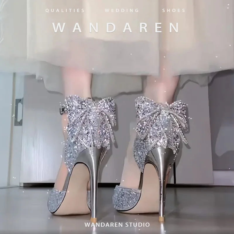 Women's Luxury Bridal High Heel Pumps Shoes Sequined Bowknot Hollow Out Closed Toe Thin Heels for All Seasons