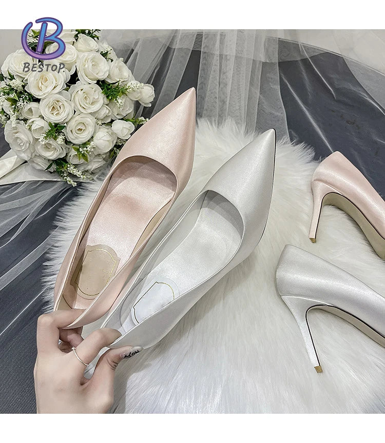 Bsstop 25 Colors Ladies Satin Thin Heels 7-9CM Pointed Toe Fashion Trend Anti-Slip Slip-On Bridal Shoes Solid Summer Autumn