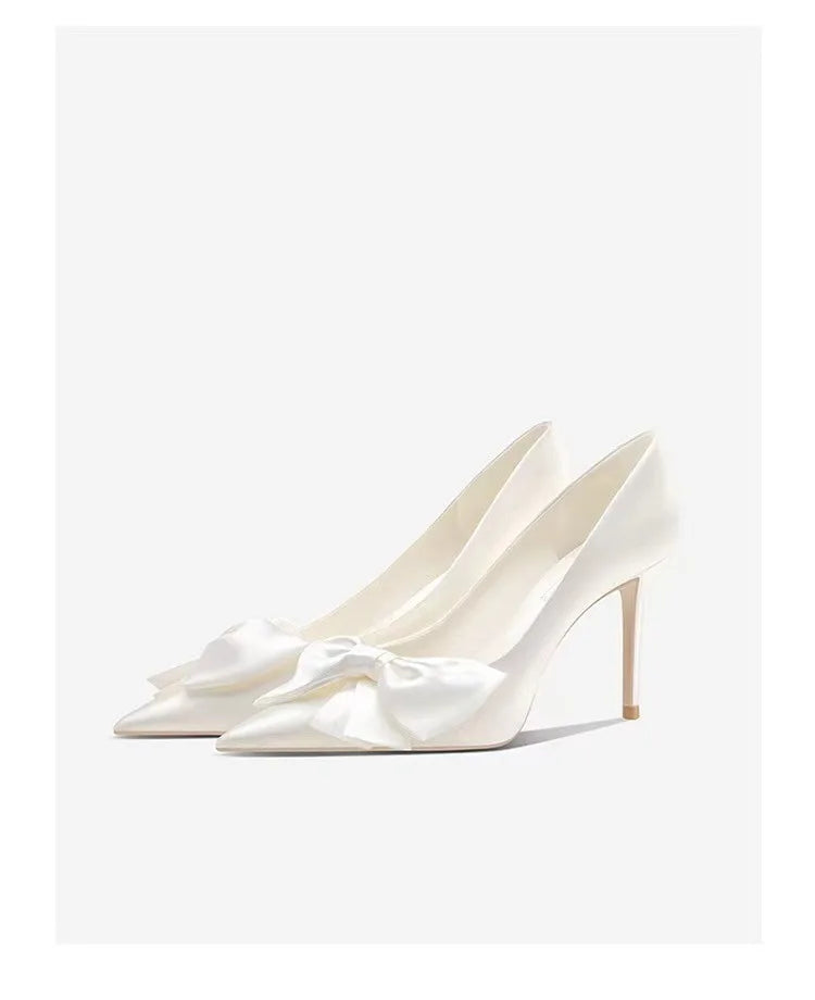2024 Spring Summer Winter White Bowknot High Heels Women's Bridal Shoes Pointed Stiletto Heel Pumps Anti-Odor Height Increasing