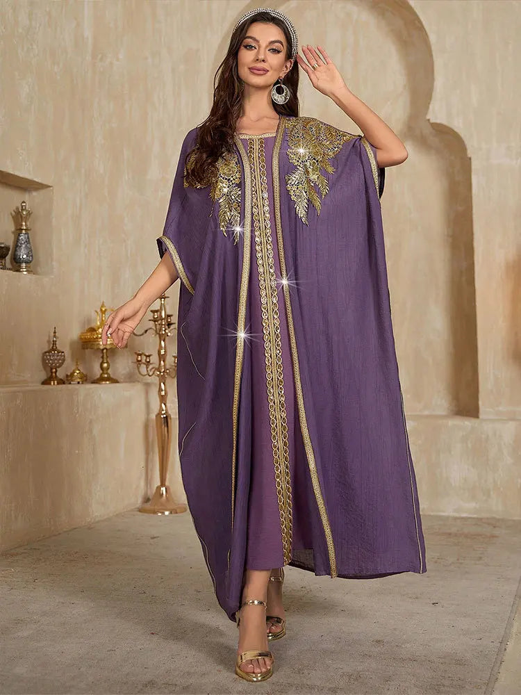 Latest Muslim Kaftan Abaya Women Purple Modest Dress Gold Sequin Embroidered 3/4 Sleeve Open Abaya Islamic Formal Gown