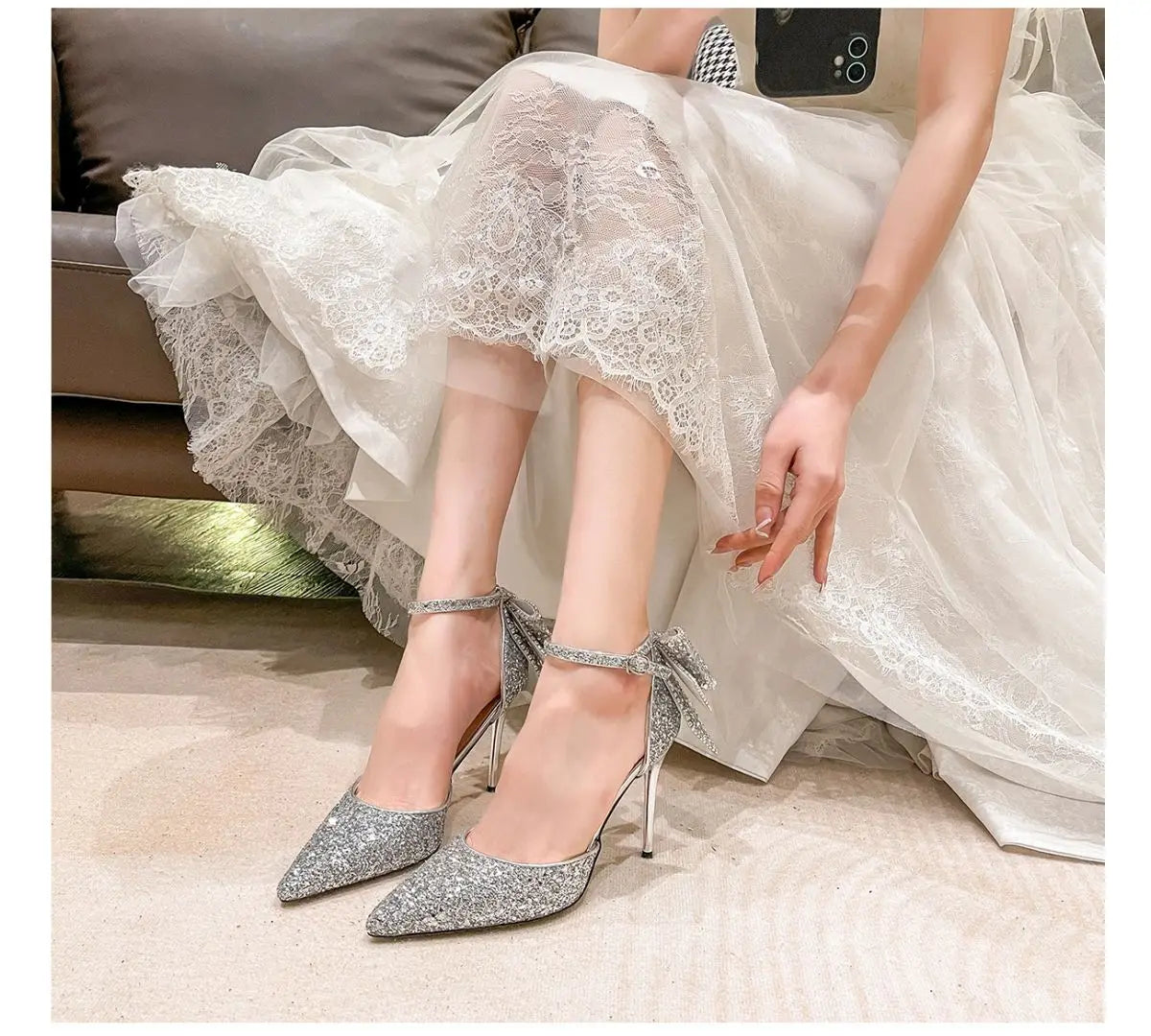 Women's Luxury Bridal High Heel Pumps Shoes Sequined Bowknot Hollow Out Closed Toe Thin Heels for All Seasons